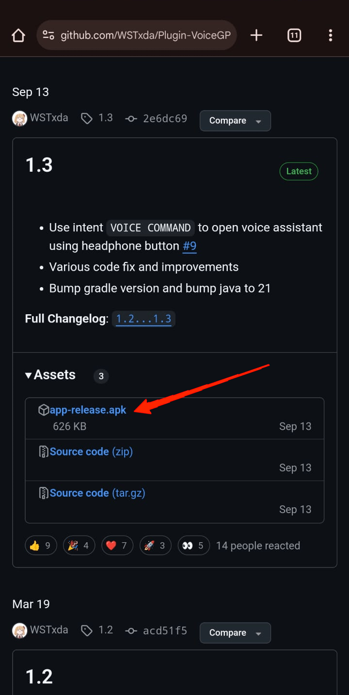 Under the Assets tab, tap the "app-release.apk" and wait until it is downloaded