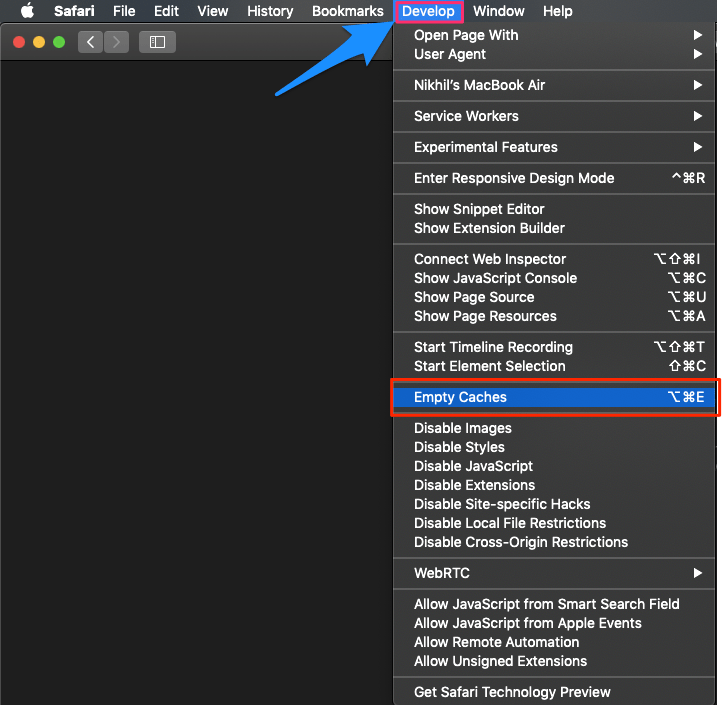 Fix "Safari Can't Find the Server" Error on Mac 5 Empty_Cache_Develop