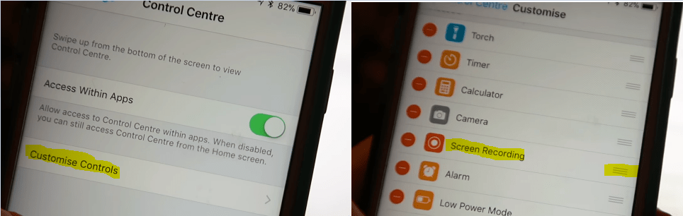 Enable Access Within Apps (Left Pic) & Screen Recording in Control Center (Right Pic)