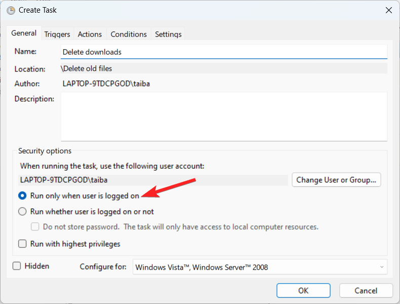 How to Automatically Delete Old Files on Windows 11 12 Enable run only when user is logged on option
