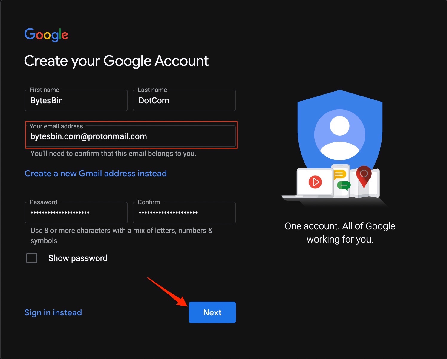 How to Use YouTube Without Gmail? 2 Enter_the_details__add_the_Email_address__enter_the_password_and_click_next