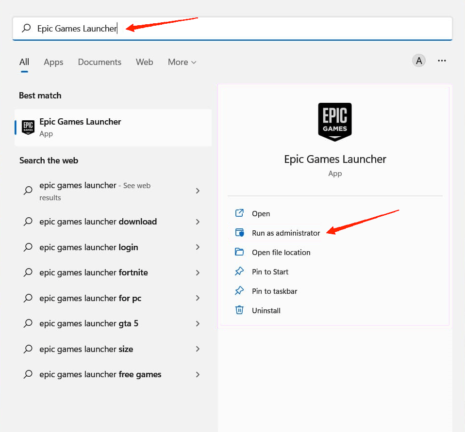 How to Fix Epic Games Launcher Not Opening on Windows 11? 2 Run as administrator" option under Epic Games Launcher icon