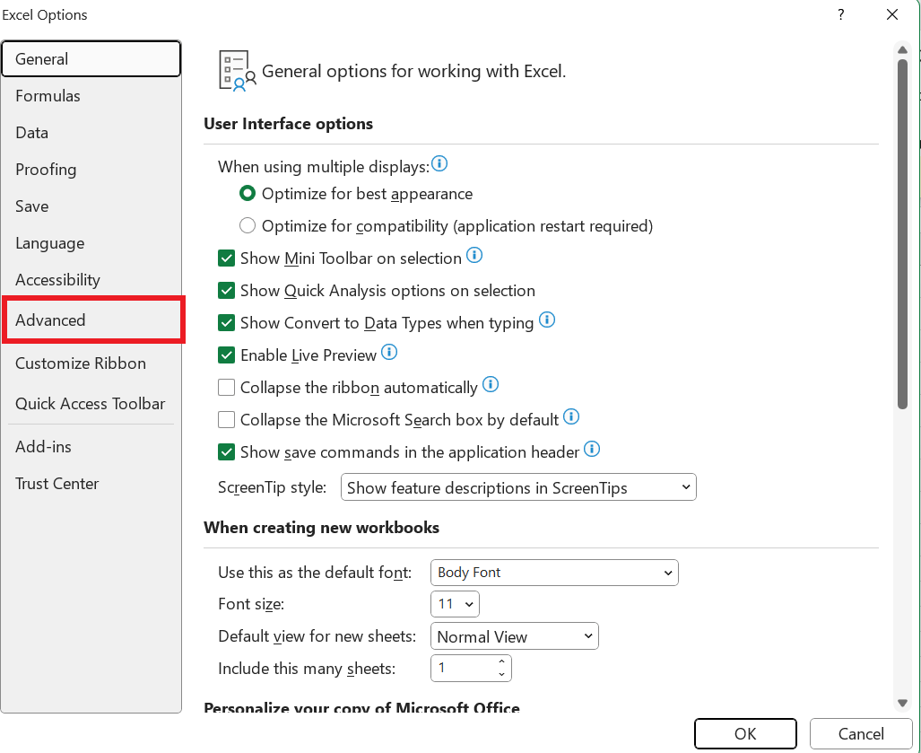 How to Change the Border Colors in Microsoft Excel 18 Choose Advanced option