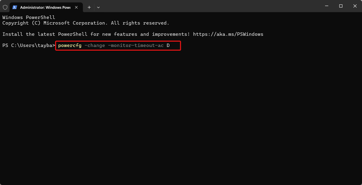 How do you Change the Screen Timeout in Windows 11 14 Execute the powercfg command in PowerShell window