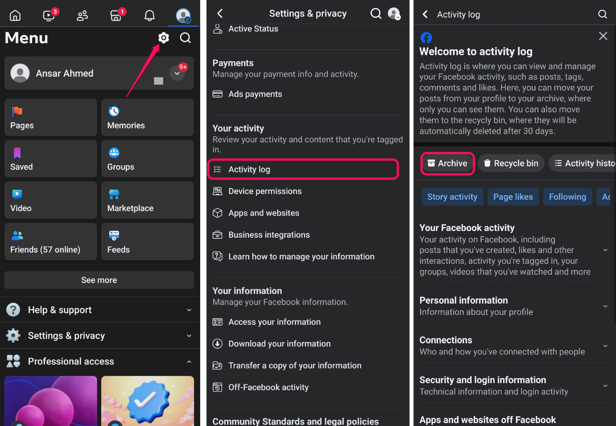 How to Recover a Deleted Post on Facebook 4 Tap on Activity log and choose Archive option