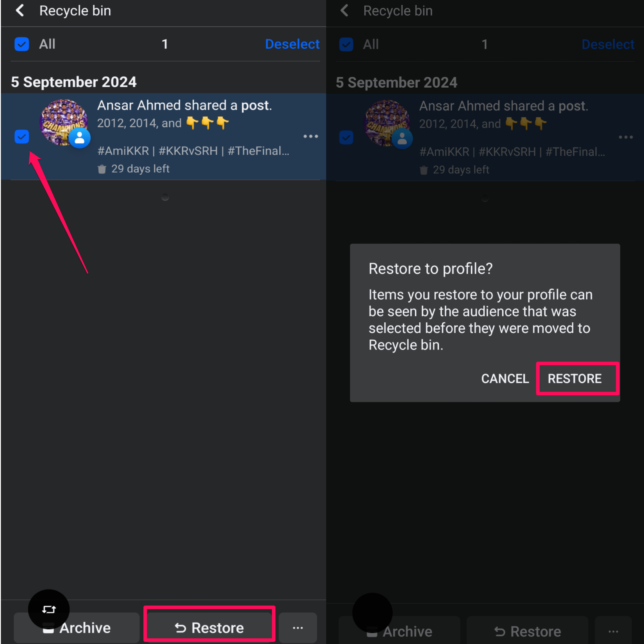 How to Recover a Deleted Post on Facebook 3 Check mark the post and tap on Restore option
