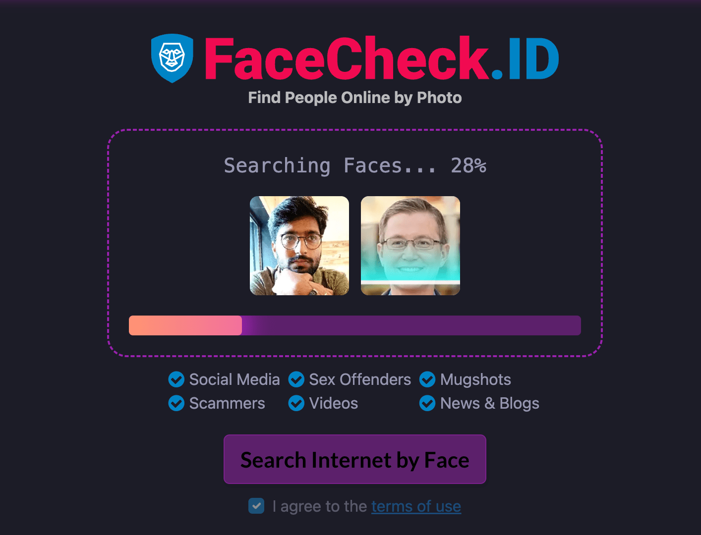 Facecheck is searching from its library