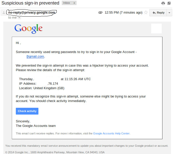 Fake Mail stating suspicious sign in