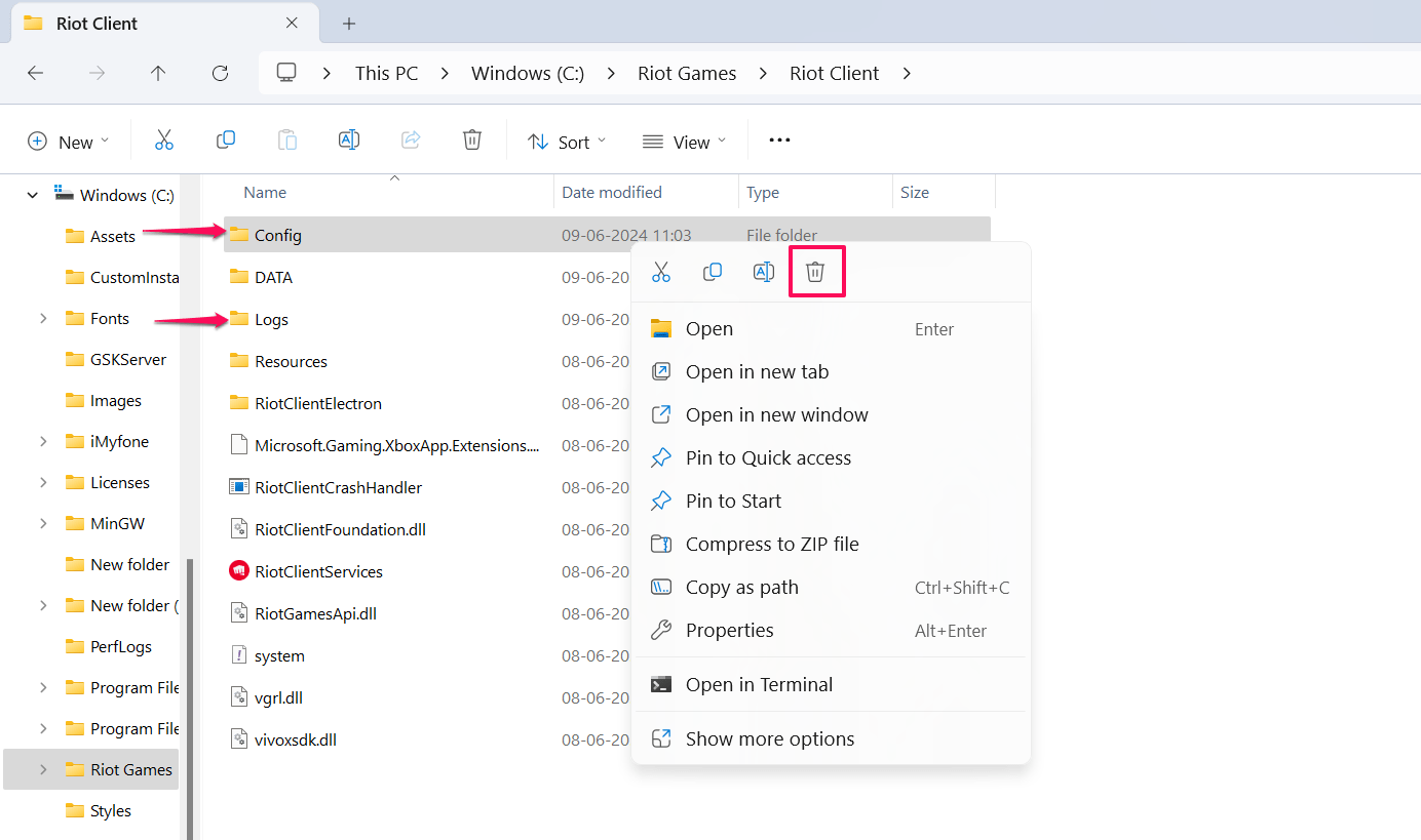 Delete the League of Legends Config and Log folders
