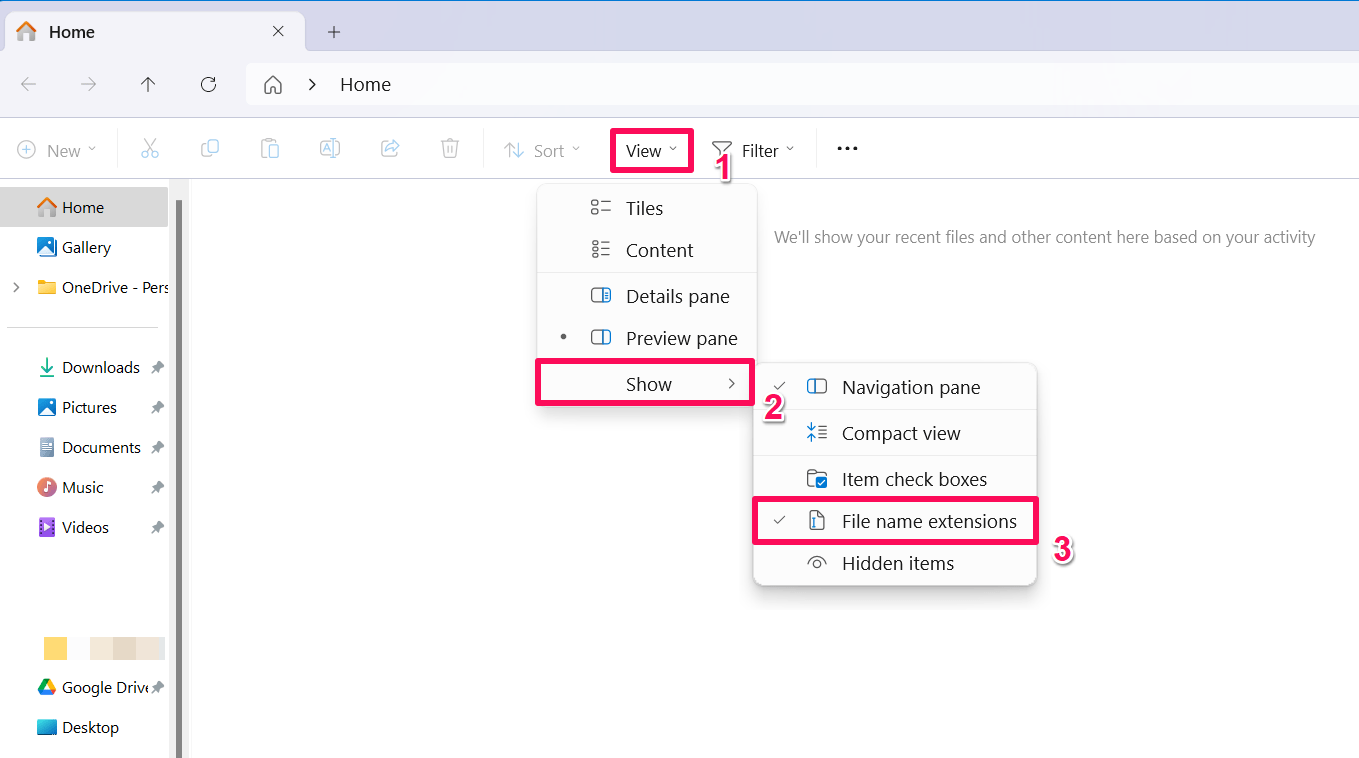 5 Easy Ways to Repair a Corrupted Excel File on Windows 11 7 Click on Show and choose File name extension