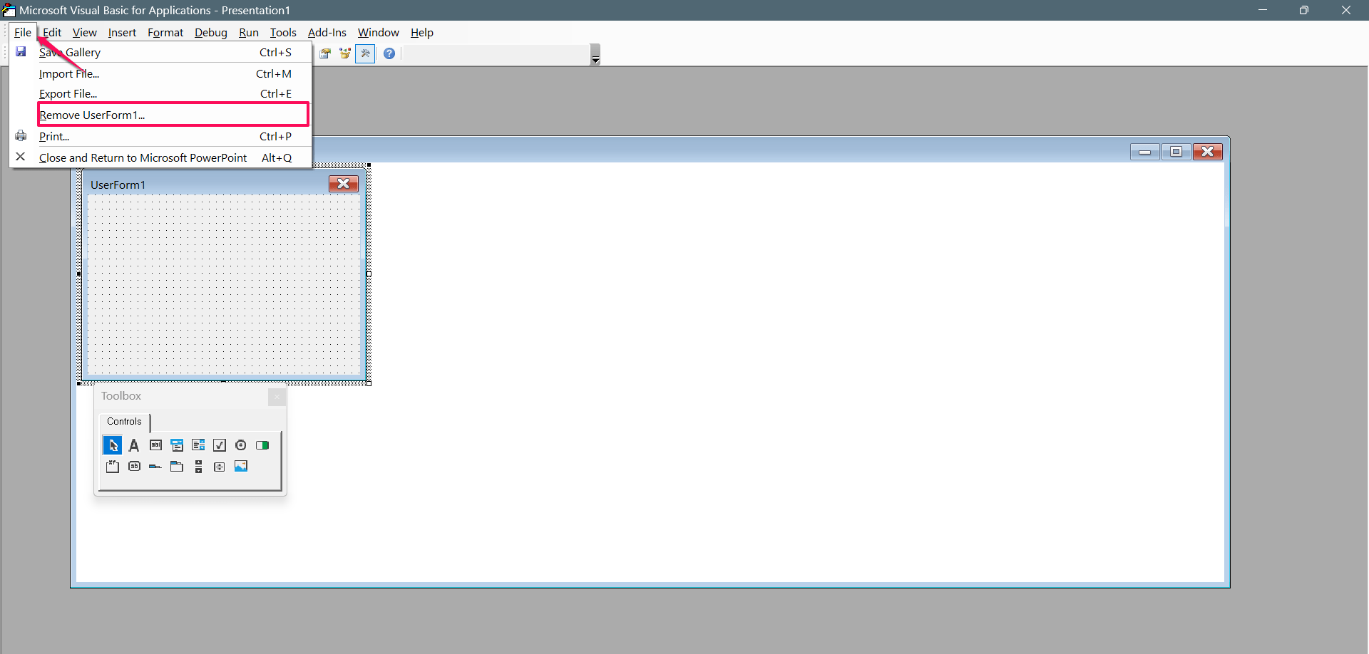 How to Fix 'An Error Occurred while PowerPoint was Saving the File' 16 Choose Remove UserForm1