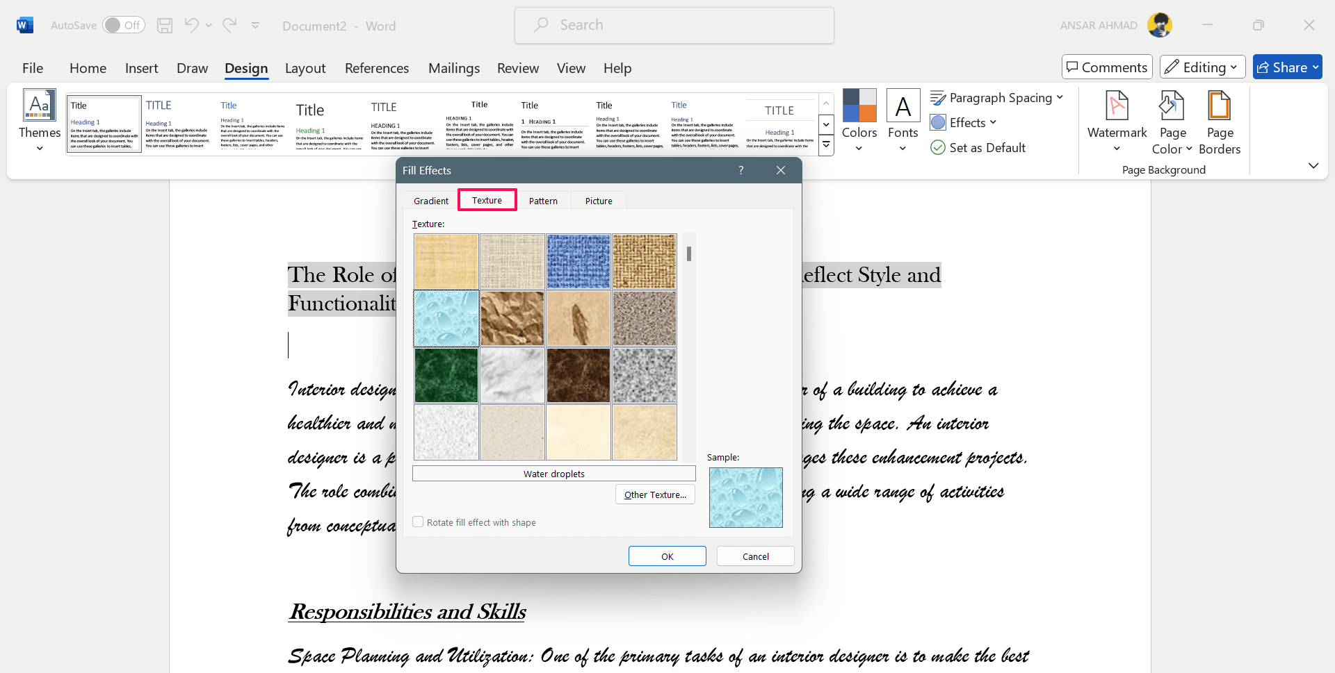 How to Add a Background in Microsoft Word 14 Click on the Texture tab