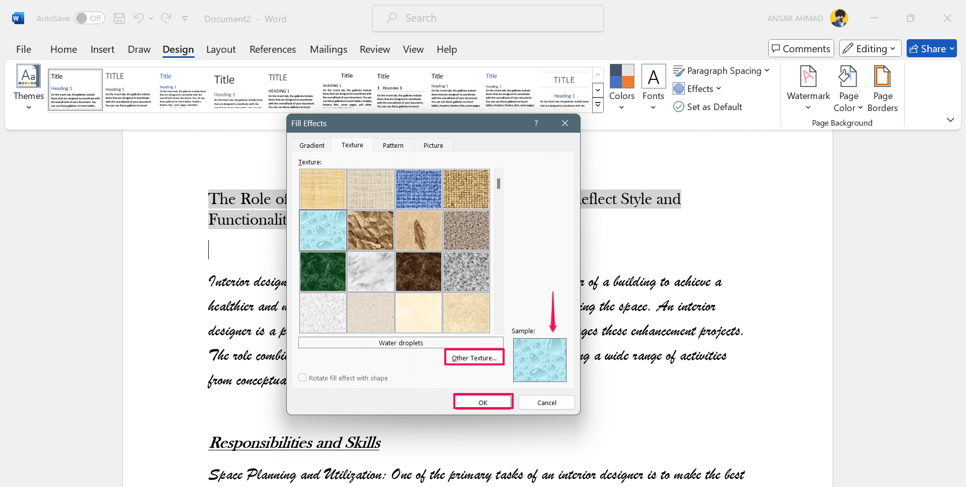 How to Add a Background in Microsoft Word 15 Choose the Texture image and click OK
