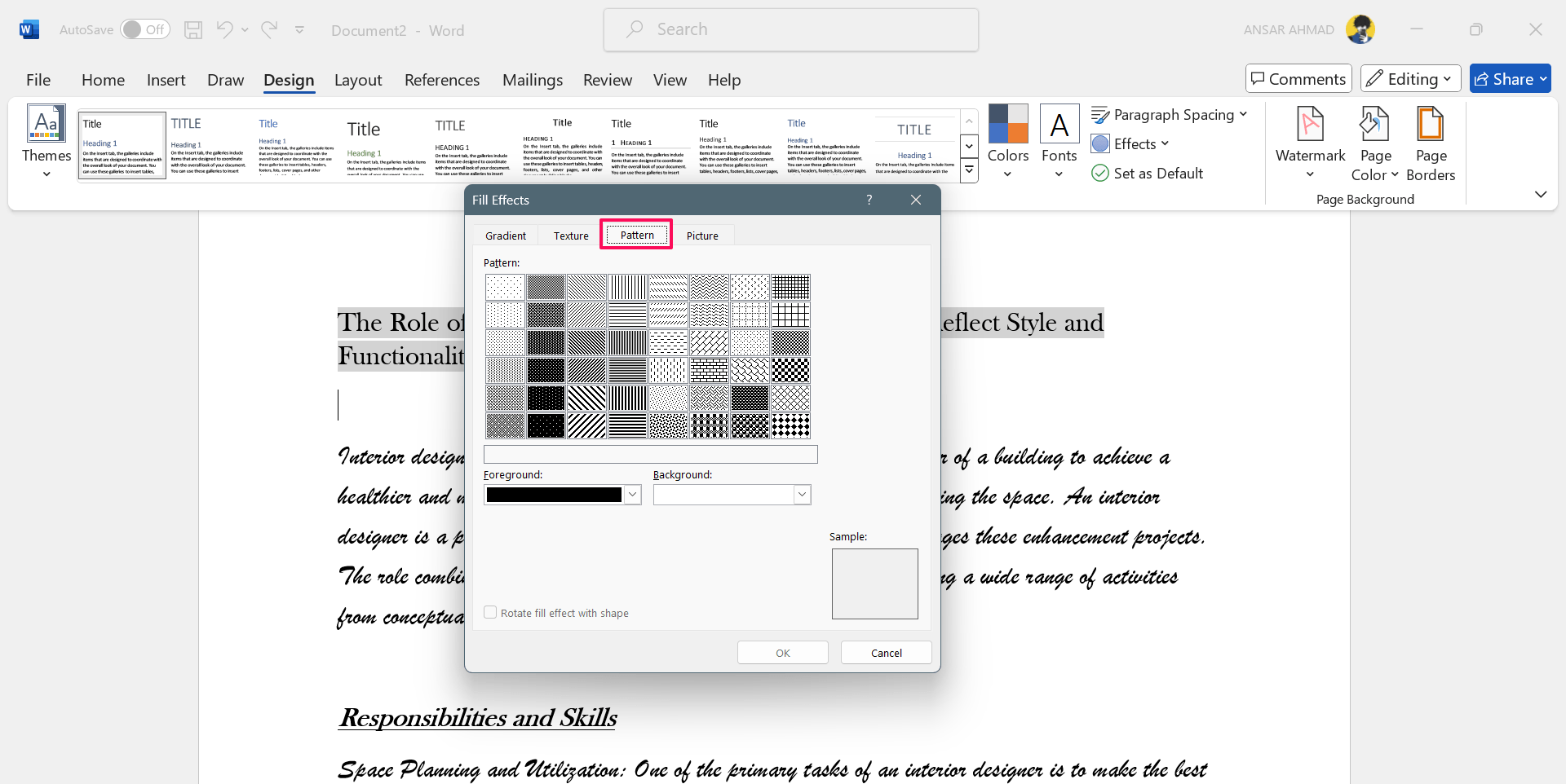 How to Add a Background in Microsoft Word 19 Click on the Pattern tab