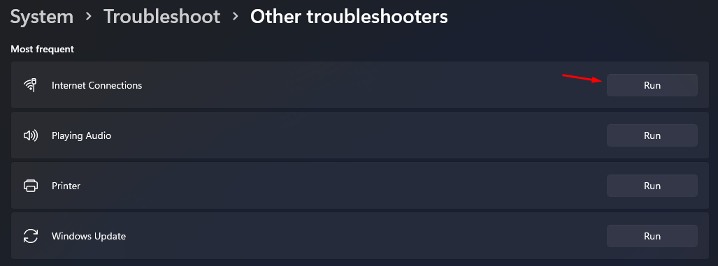 Find “Internet Connection” and then click on “Run” to scan the network for problems