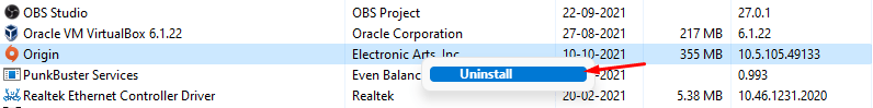  Find Origin and right-mouse click to view the “Uninstall” option and click on it