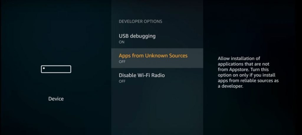 Fire TV Unkown Sources from Developers Option