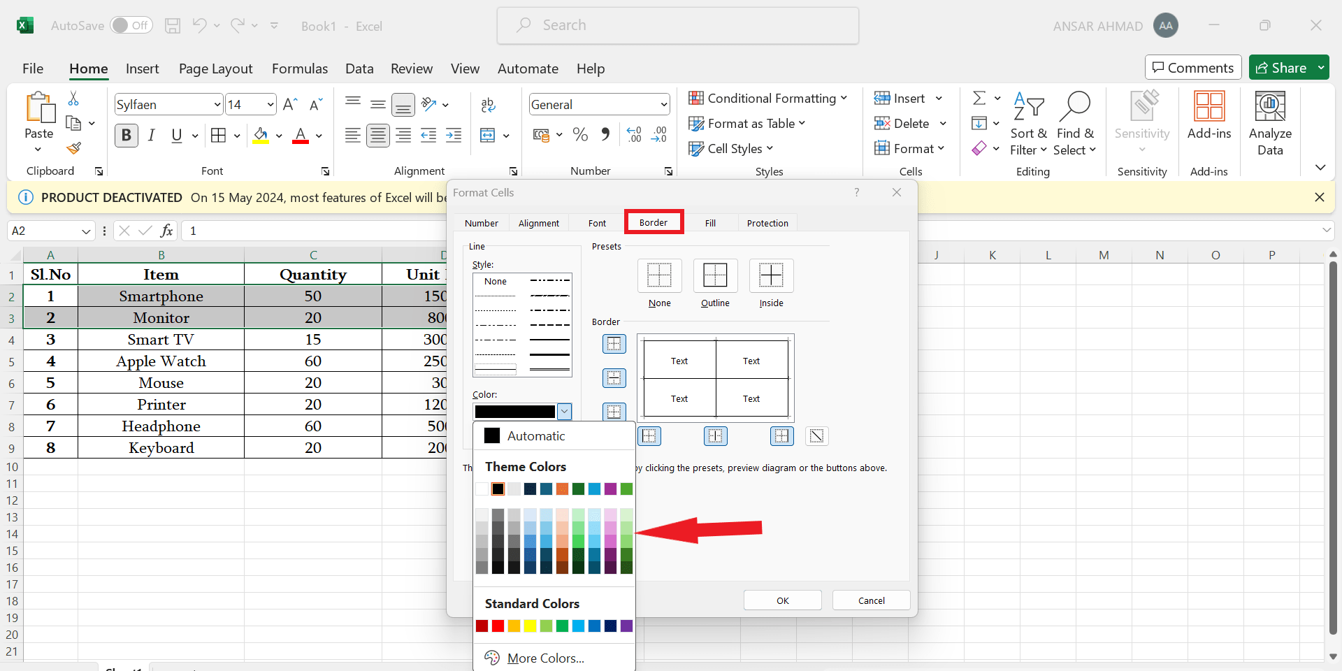 How to Change the Border Colors in Microsoft Excel 6 Choose Border and select the color