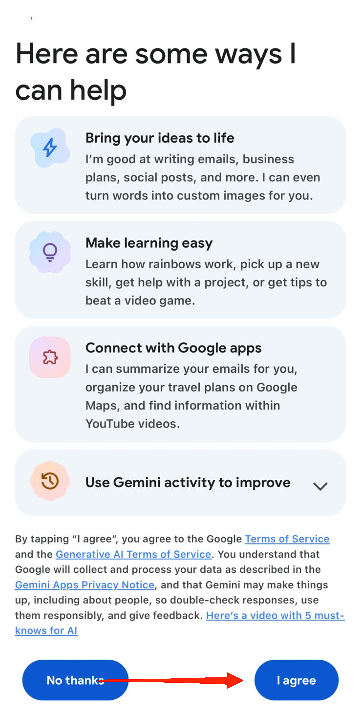 How to Use Google Gemini AI on Your iPhone 5 Finally, tap on 'I agree'.