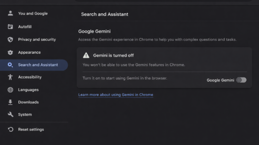 Chrome settings showing Gemini option turned off