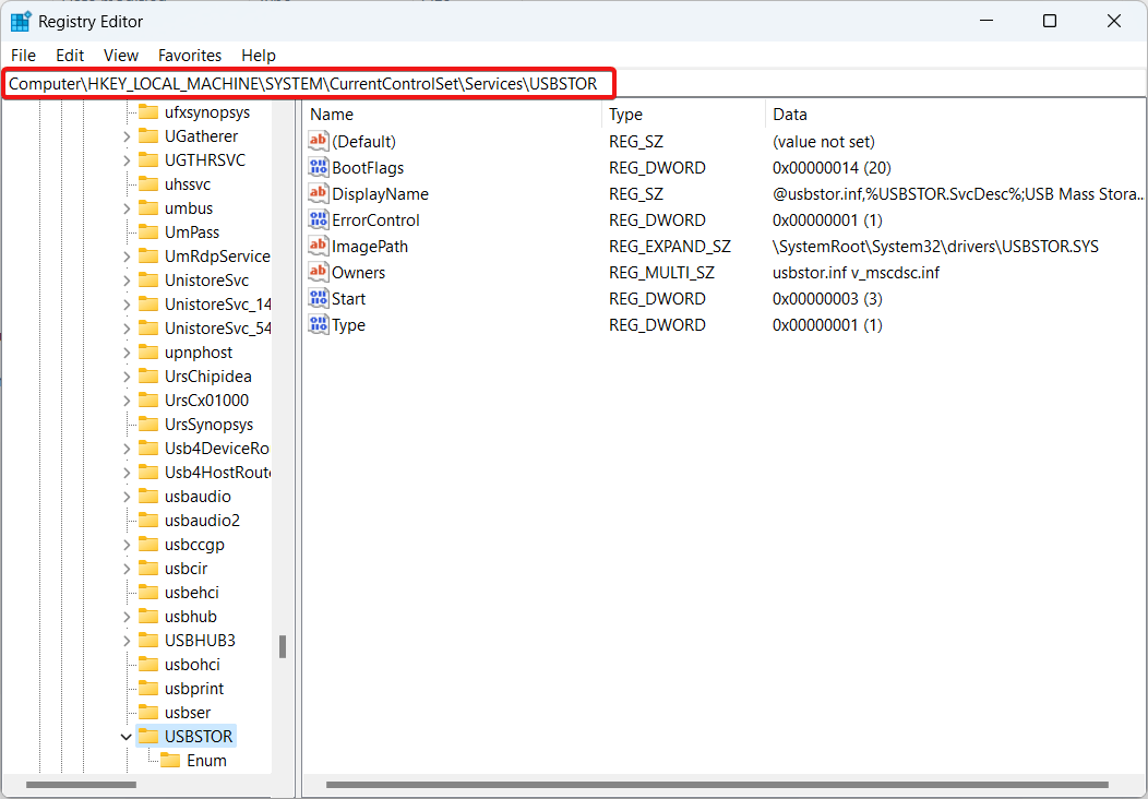 Go to the USBSTOR registry location