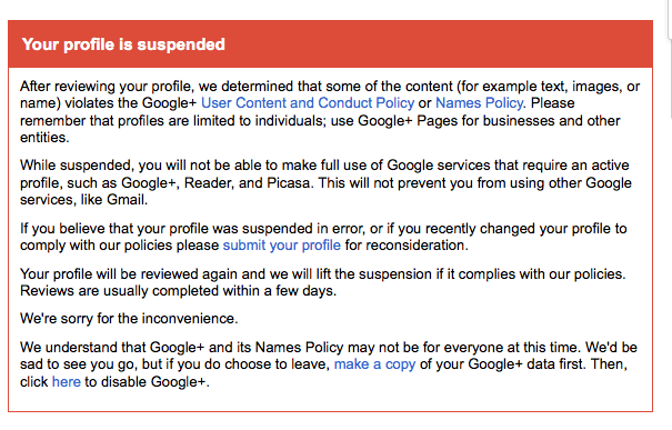 Unblock and Recover your Suspended Google Plus profile 3 Google Plus profile suspended due to voilation of user content and conduct policy