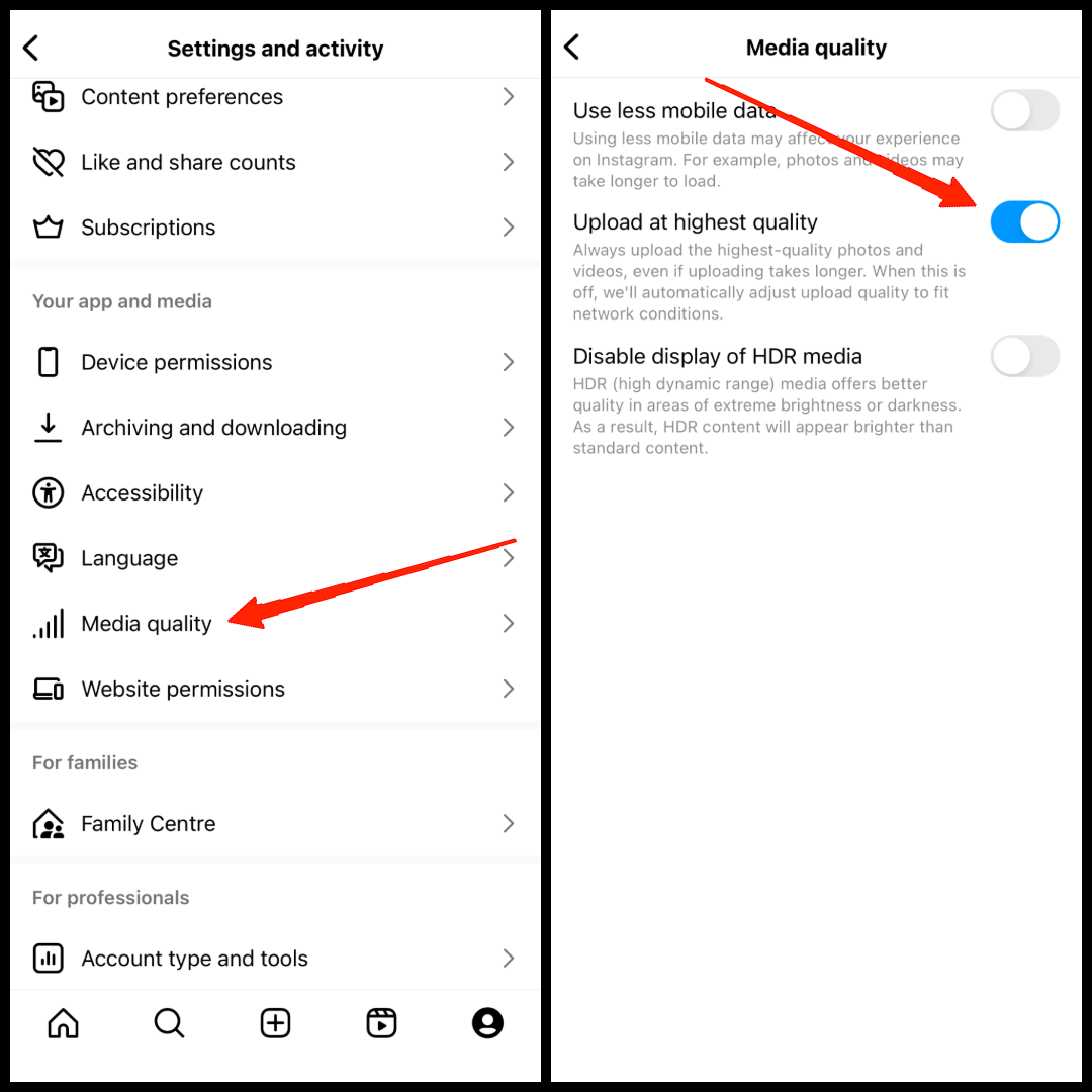 How I Upload High Quality Instagram Stories from Android and iPhone 2 Here, click on media quality and choose upload at highest quality option.