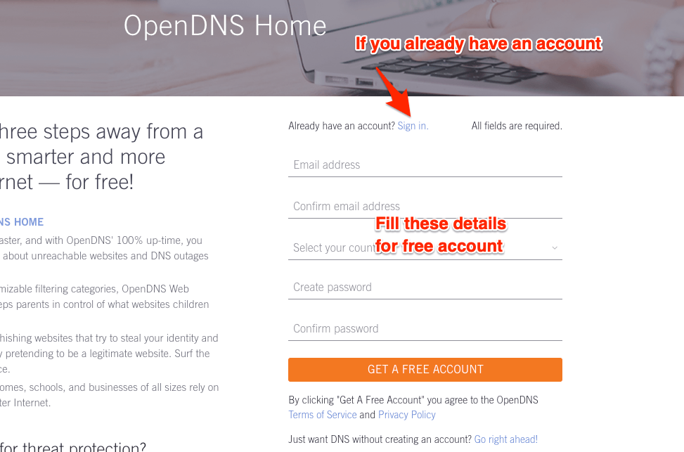 How to Setup OpenDNS on any Router? (Easy Steps Added) 4 Home Free by OpenDNS Sign up form