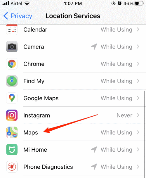 How to Fix Apple Maps Showing Wrong Location on iPhone? 5 Scroll down and find Apple Maps