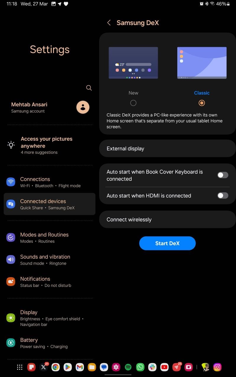 Start DeX on Samsung tablet