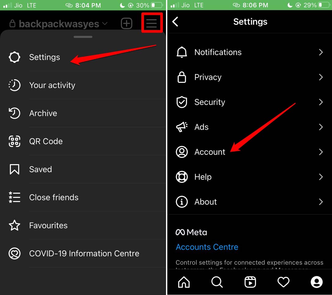 Instagram account settings