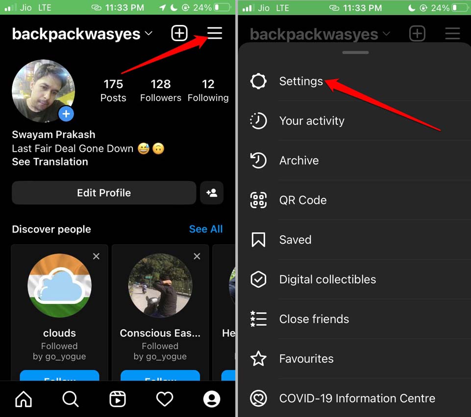 Instagram settings section