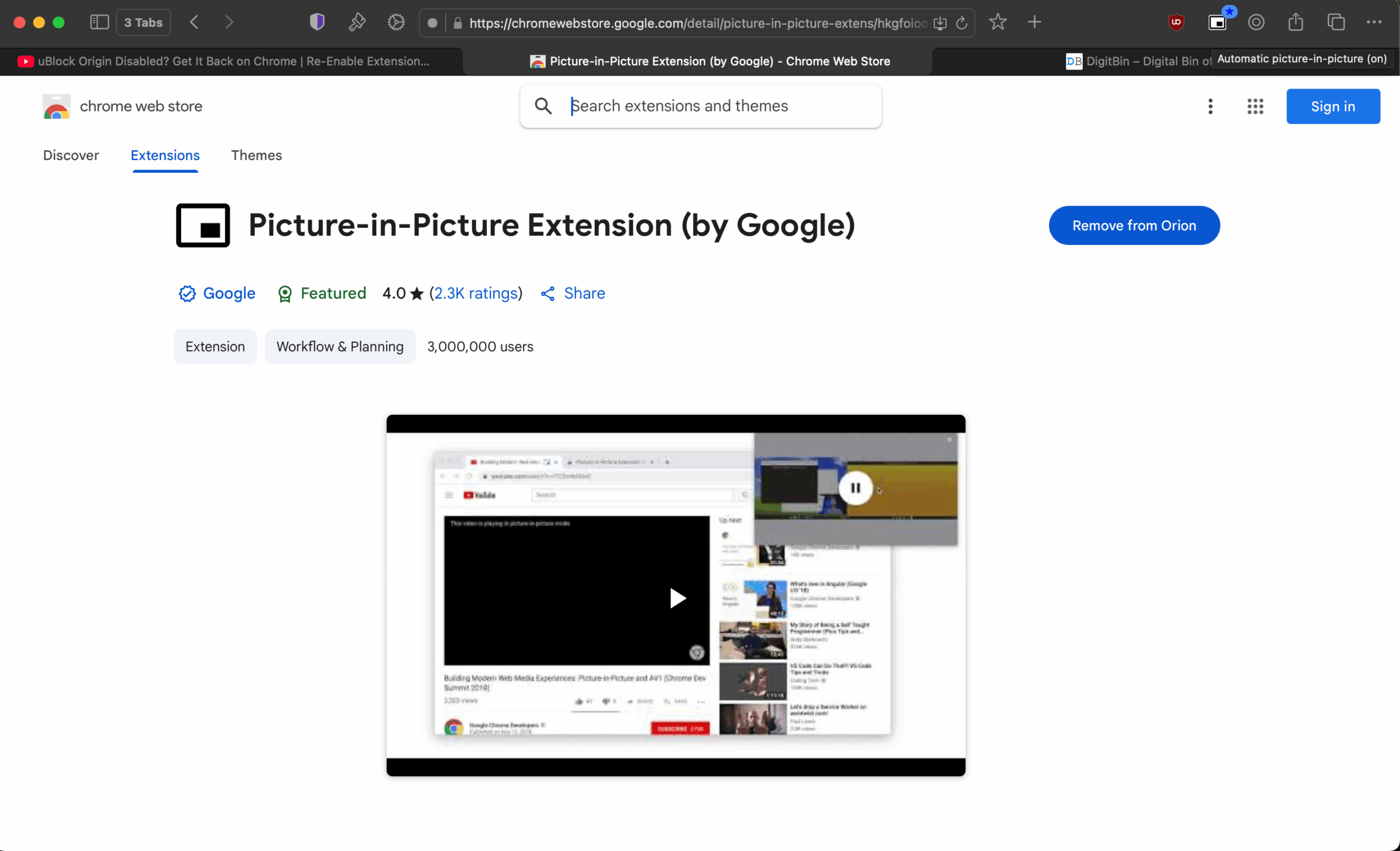 Install Both Chrome & Firefox Extensions in One Browser — I Found the Solution 6 Installed Picture-in-Picture by Google on Orion Browser