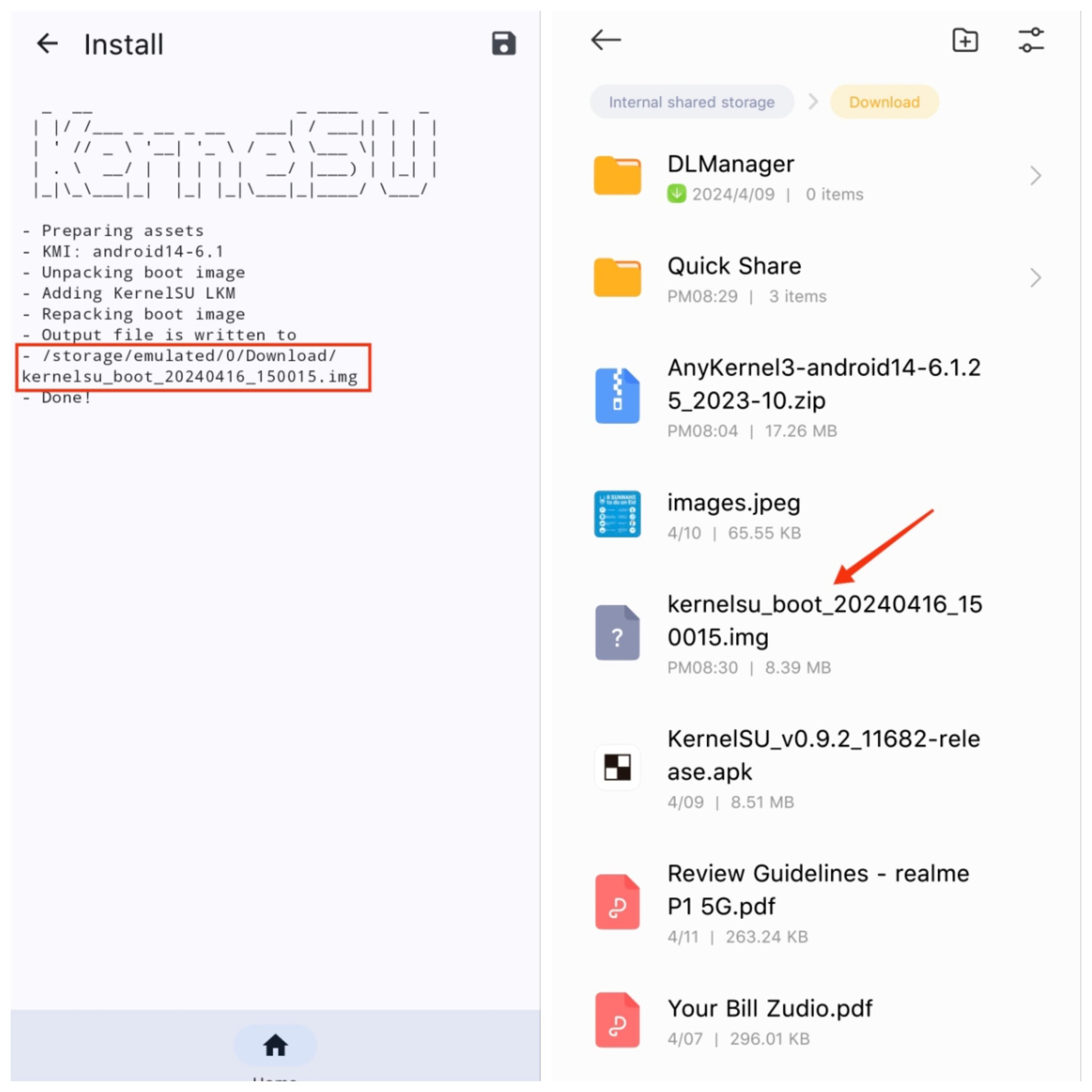 KernelSU boot img saved to downloads