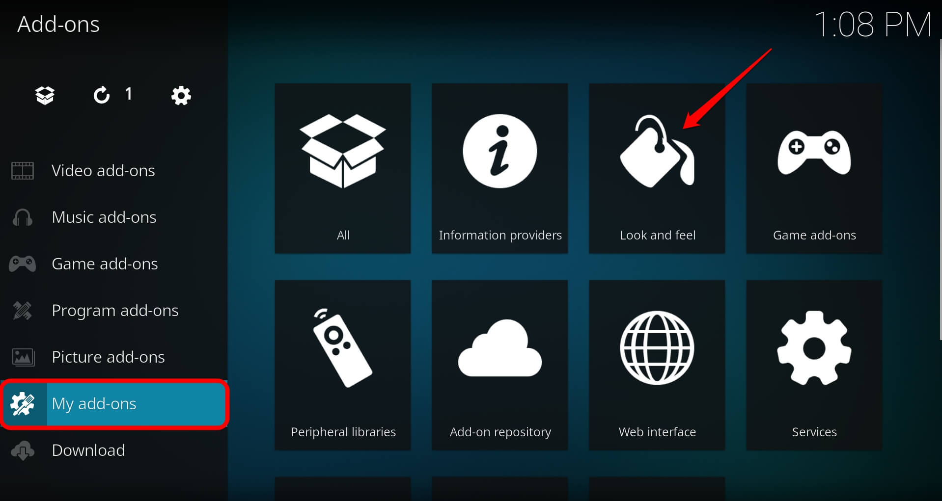 Kodi My addons section