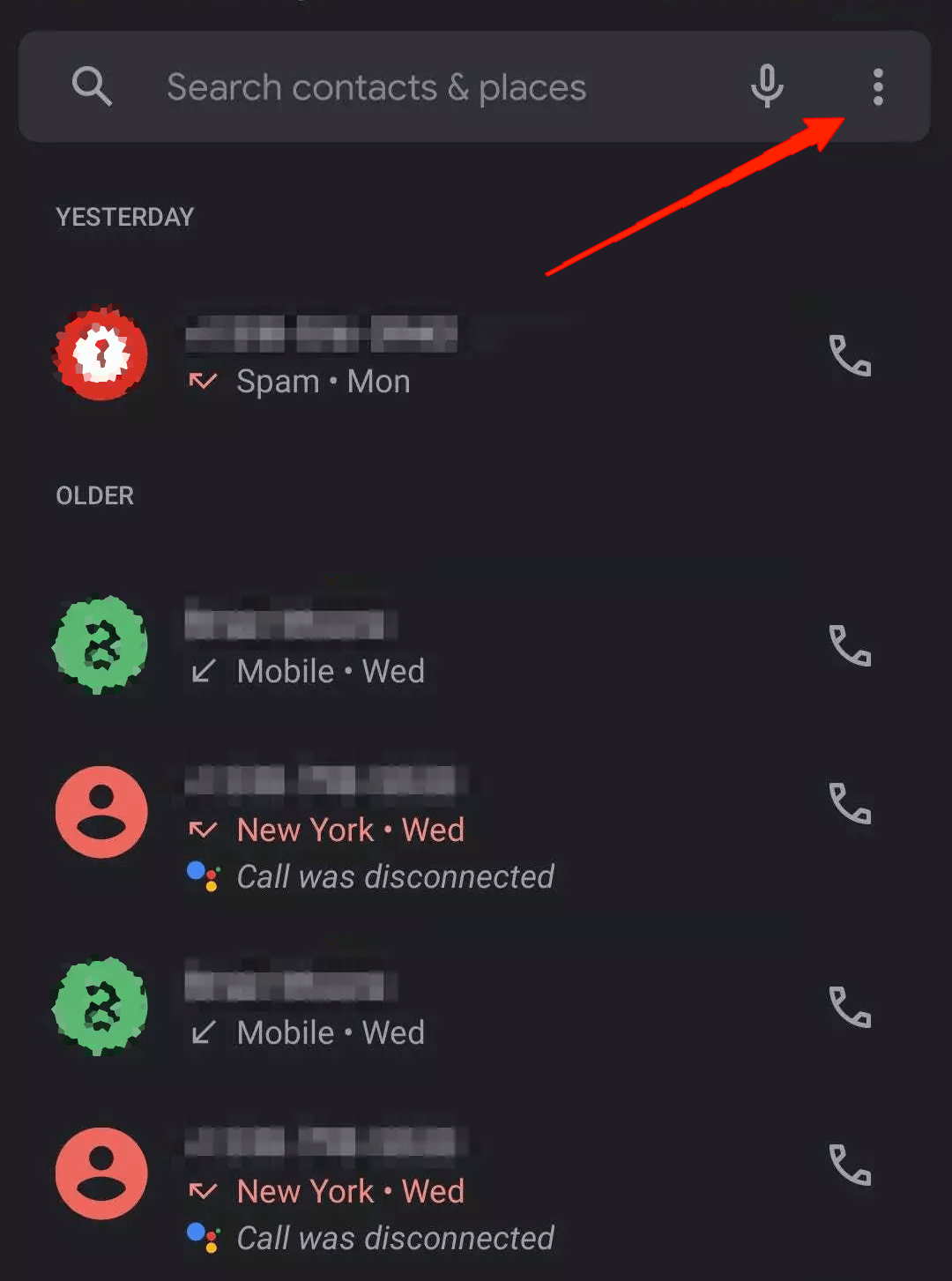Launch the Google Phone app and tap on the overflow icon on the screen