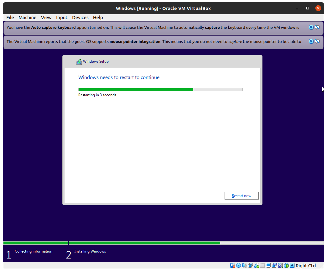 How to Run and Use Windows 10 in Linux PC? 33 Let Windows restart, and it will continue installing the software after reboot