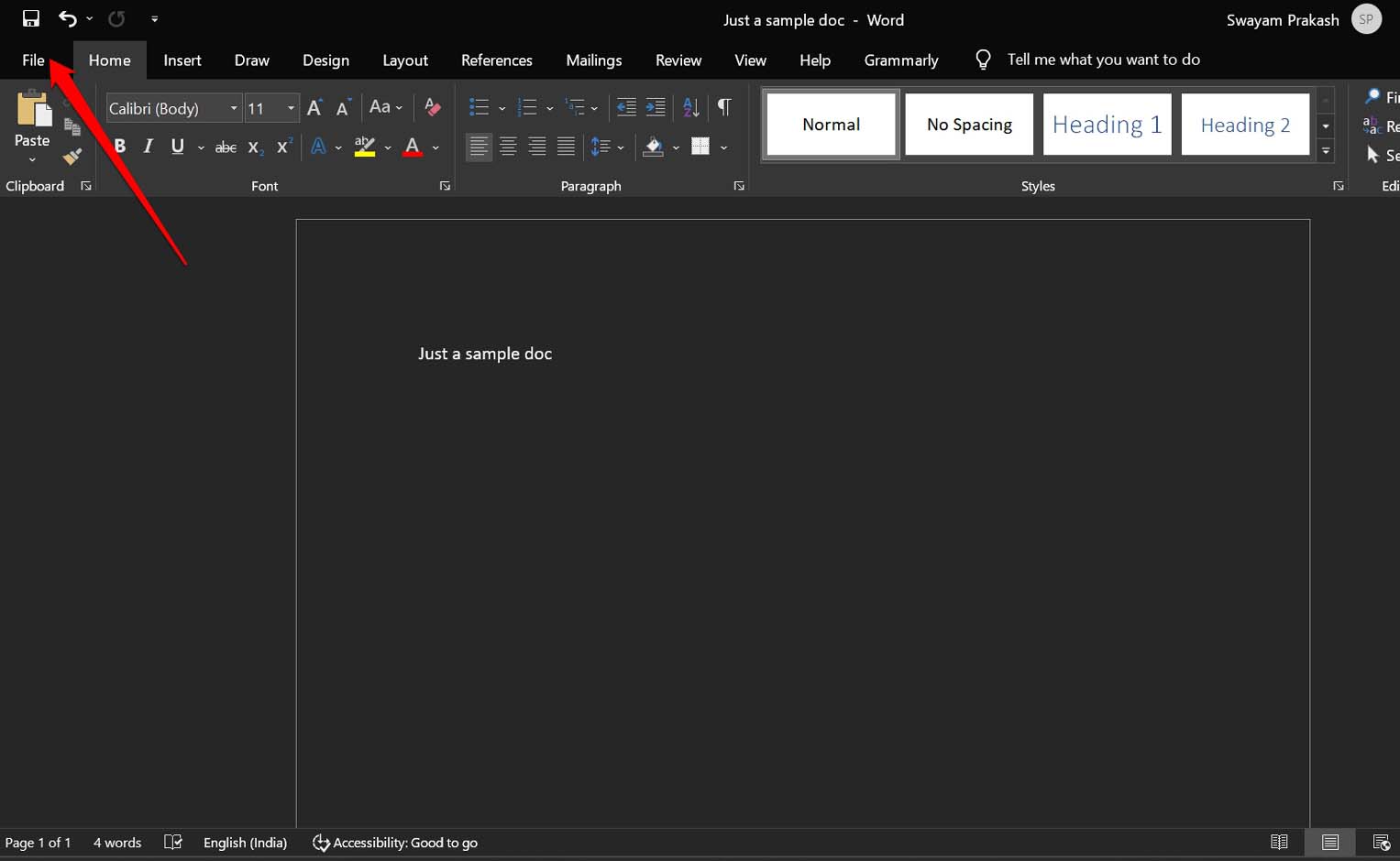 MS Word file menu