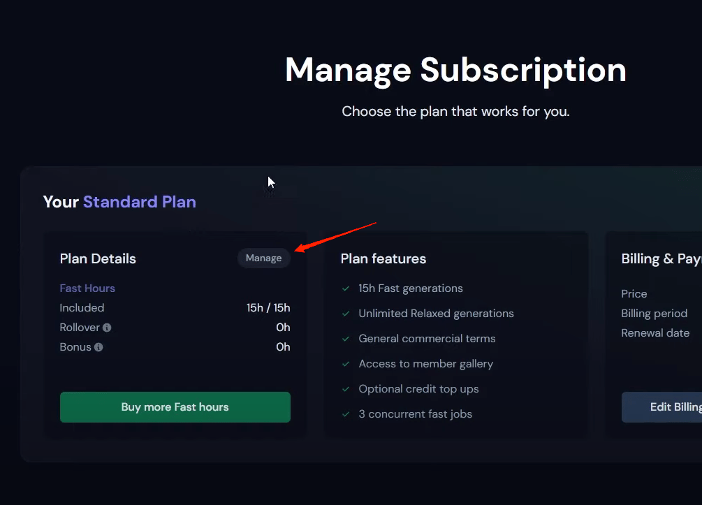 How to Cancel your Midjourney AI Subscription? 5 Click on the Manage button beside 'Plan Details'.