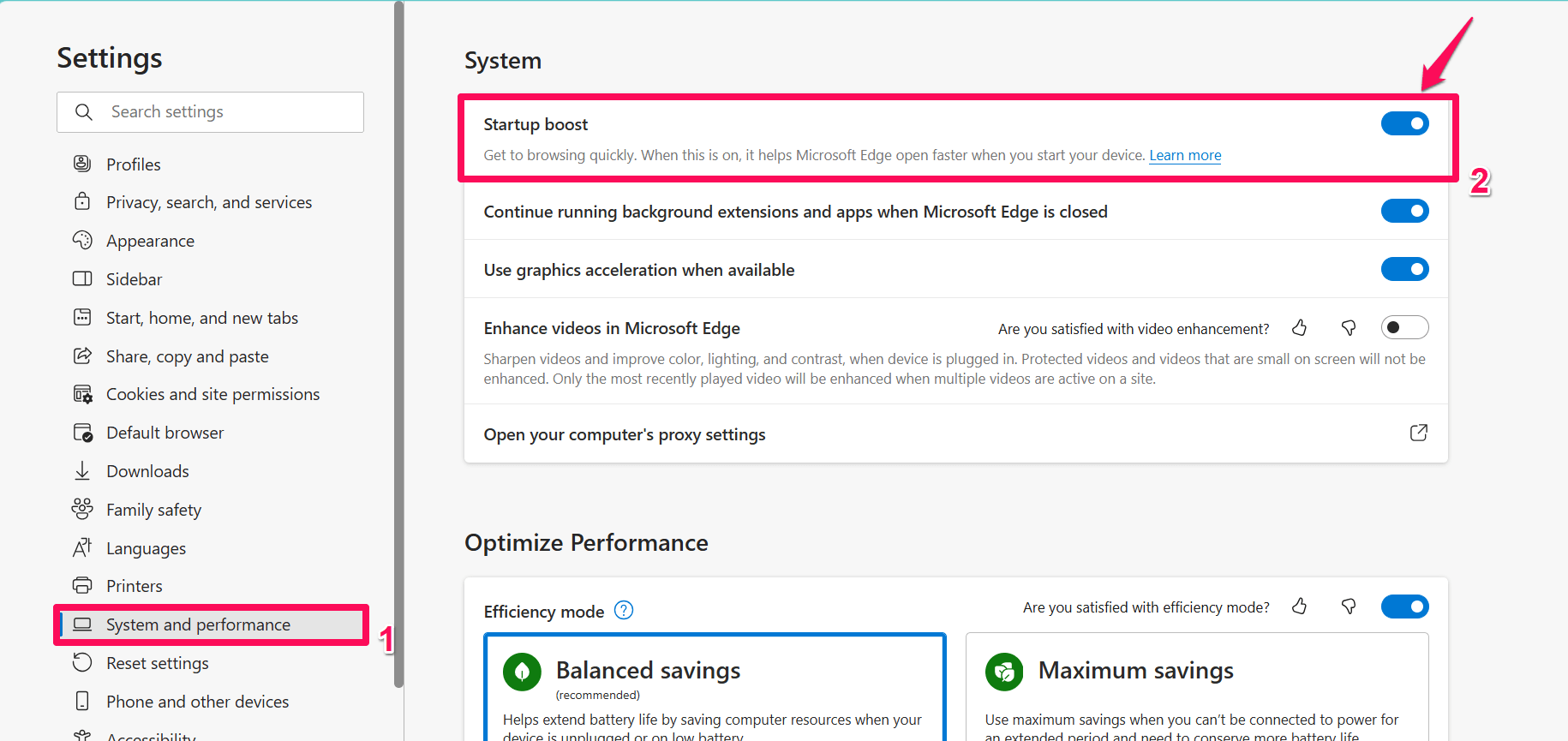How to Turn On or Off Startup Boost in Microsoft Edge 3 Click on System and performance and enable Startup boost toggle