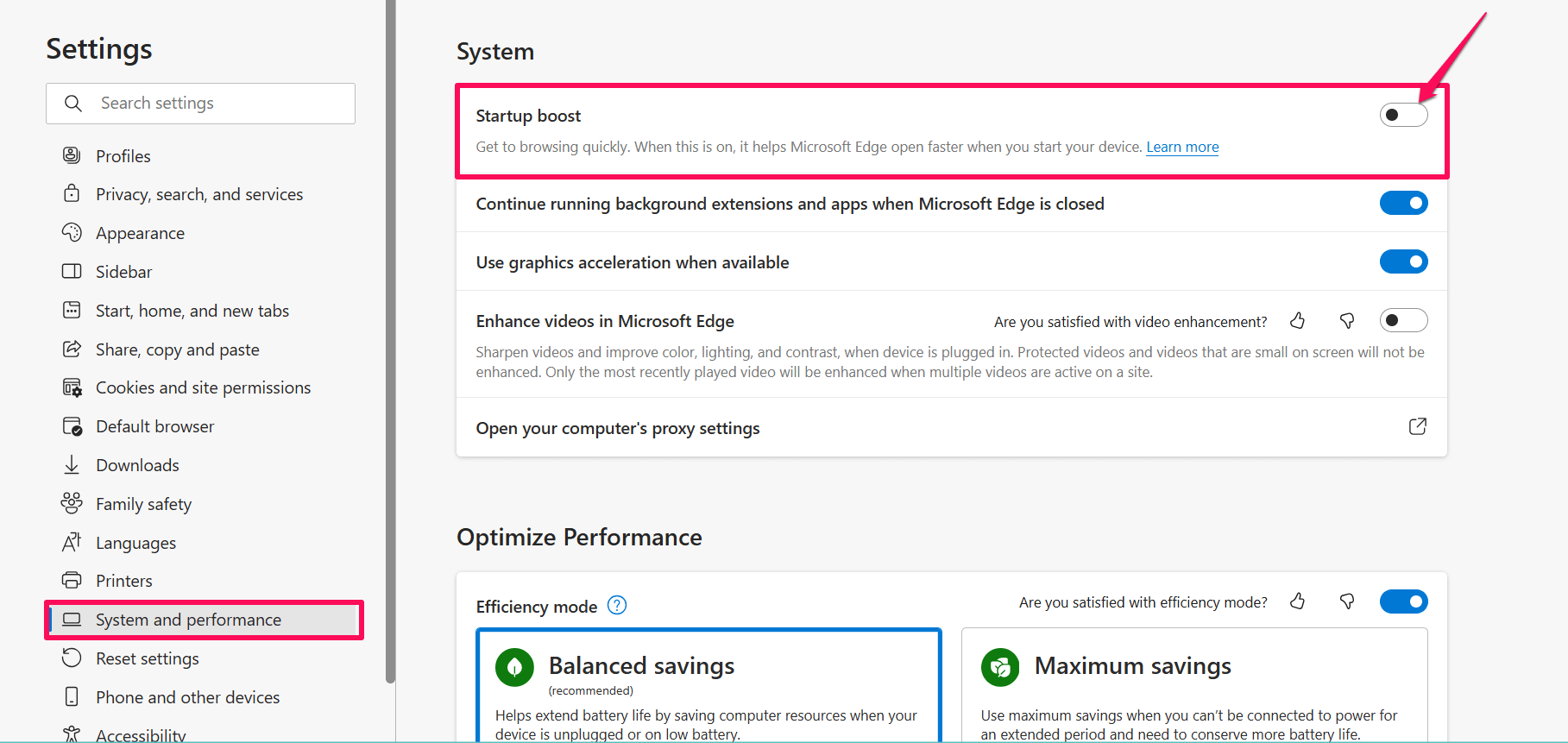 How to Turn On or Off Startup Boost in Microsoft Edge 6 Click on System and performance and disable Startup boost toggle
