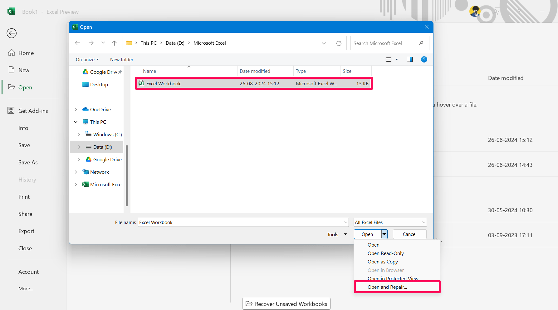 5 Easy Ways to Repair a Corrupted Excel File on Windows 11 3 Click on open drop-down menu and select Open and repair