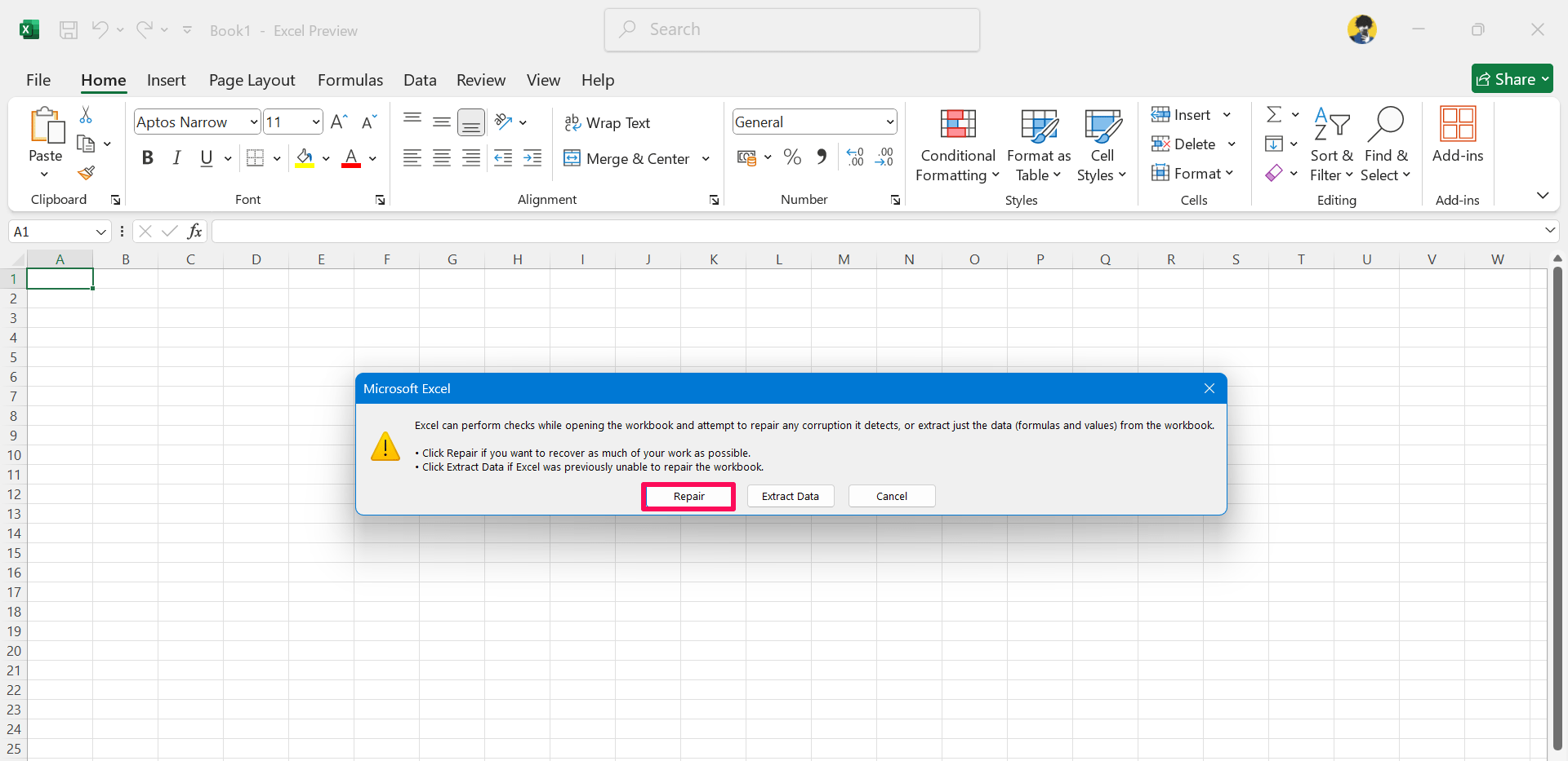 5 Easy Ways to Repair a Corrupted Excel File on Windows 11 4 Click on Repair button to start the repair process