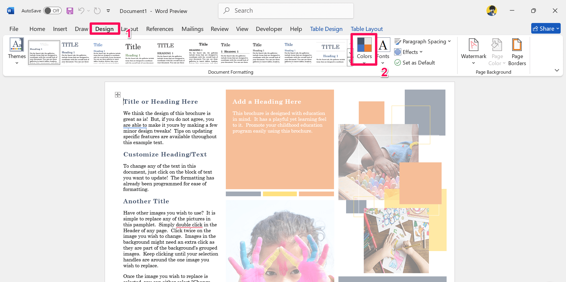How to Create a Custom Color Set and Theme in MS Word 2 Click on Design tab and choose color drop-down arrow