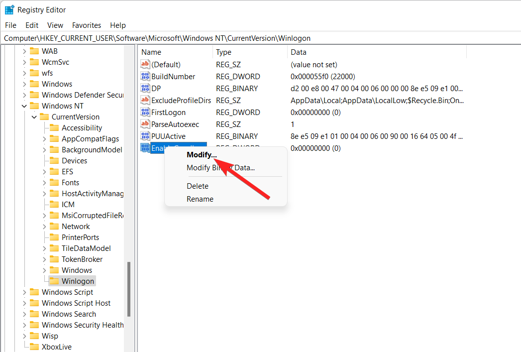 How to Fix Dynamic Lock Not Working in Windows 11 18 Modify enable goodbye key in registry editor window