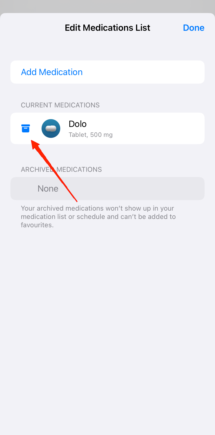 Next, simply click on the Archive Medication option beside the particular meds.