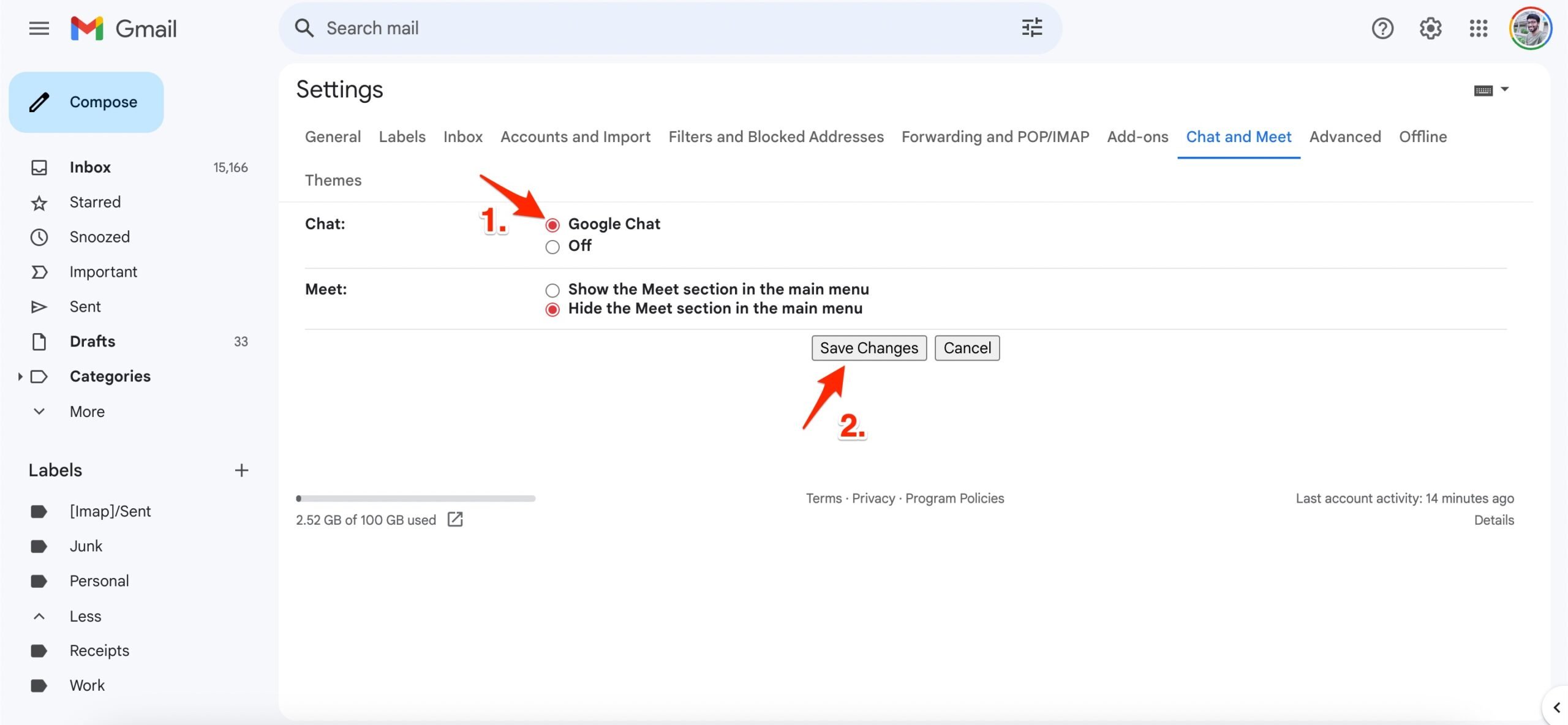 How to Fix Google Chat Not Showing in Gmail? 7 Next to “Chat,” to turn Chat on or off in Gmail, select Google Chat or Off