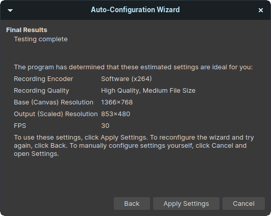OBS suggested 853x480 resolution and 30 FPS