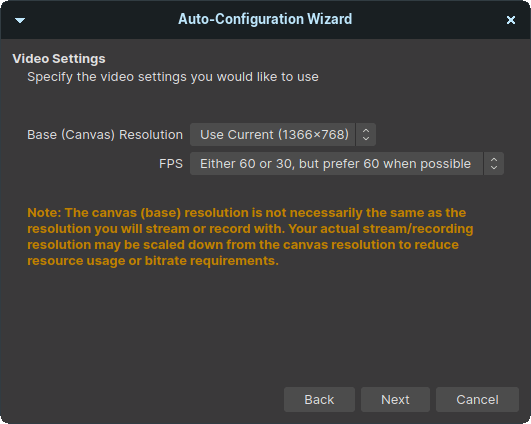 OBS will detect the monitor resolution and apply the setting. Do not mess around with the default setting and click on “Next” to make life easier