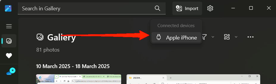 How to Transfer Local iPhone Photos and Videos to Windows PC? 16 On your PC, open the Photos app. Then, click on the Import button at the top right corner of the window.